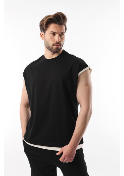 Siyah Sıfır Kol Erkek Şort T-Shirt Takım E7308
