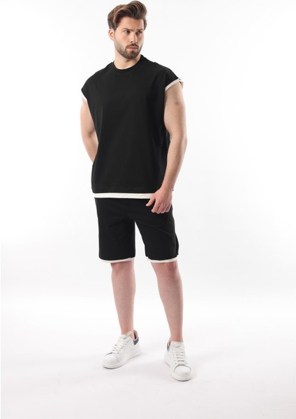 Siyah Sıfır Kol Erkek Şort T-Shirt Takım E7308