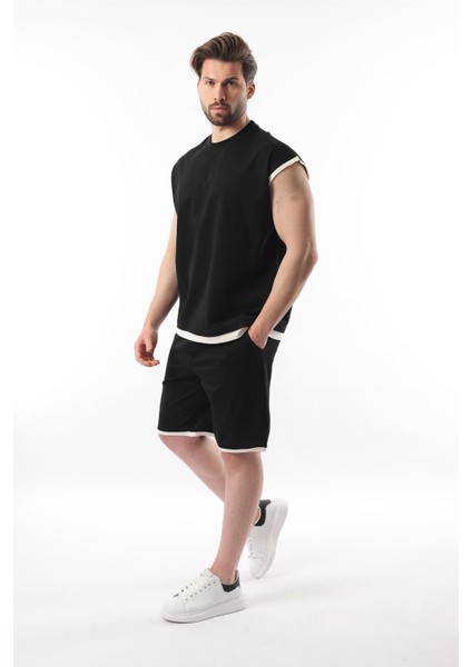 Siyah Sıfır Kol Erkek Şort T-Shirt Takım E7308
