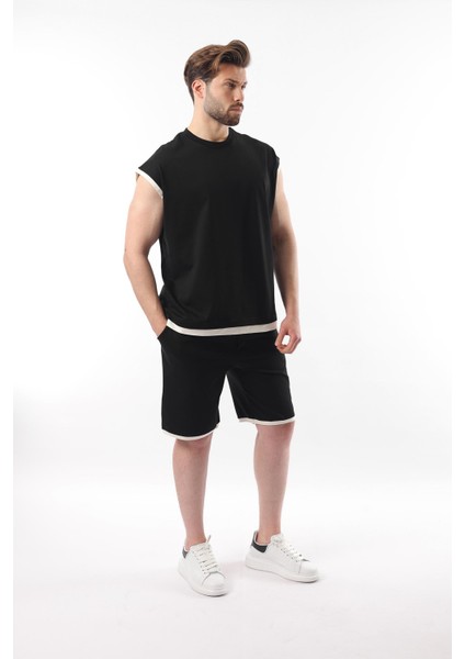 Siyah Sıfır Kol Erkek Şort T-Shirt Takım E7308