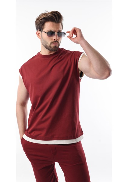 Bordo Sıfır Kol Erkek Şort T-Shirt Takım E7308 modelleri