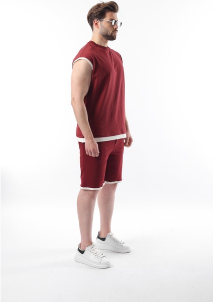 Bordo Sıfır Kol Erkek Şort T-Shirt Takım E7308 indirimleri