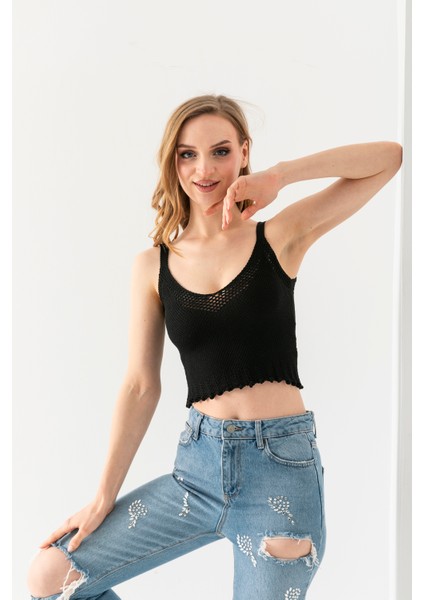 Petek Örgülü Askılı Crop Top, Body, Şık Rahat V Yaka Fitilli Kolsuz T-Shirt Krop, Askılı Krop, Top.