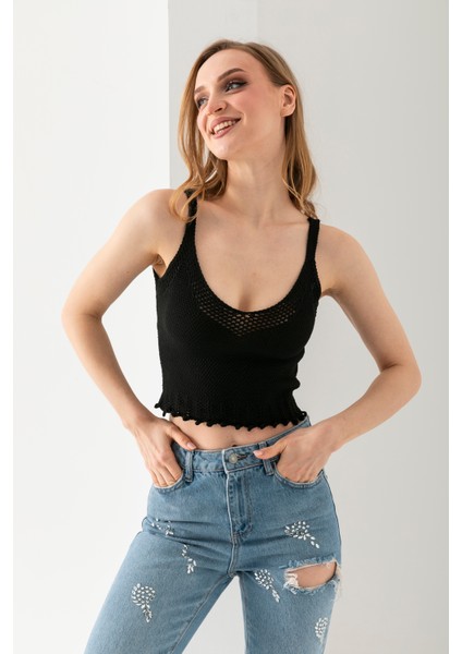 Petek Örgülü Askılı Crop Top, Body, Şık Rahat V Yaka Fitilli Kolsuz T-Shirt Krop, Askılı Krop, Top.