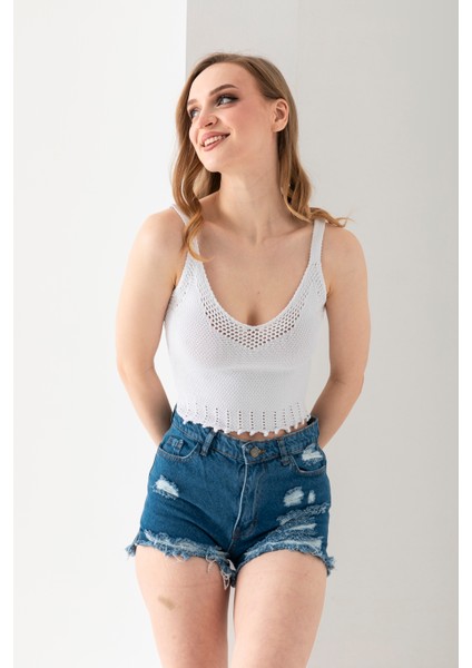 Petek Örgülü Askılı Crop Top, Body, Şık Rahat V Yaka Fitilli Kolsuz T-Shirt Krop, Askılı Krop, Top.