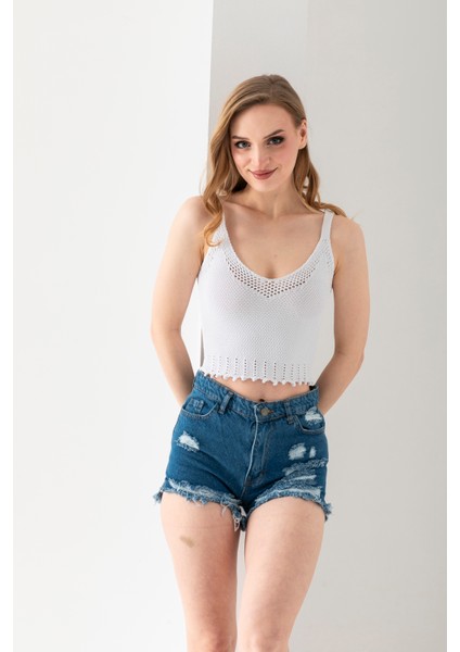 Petek Örgülü Askılı Crop Top, Body, Şık Rahat V Yaka Fitilli Kolsuz T-Shirt Krop, Askılı Krop, Top.