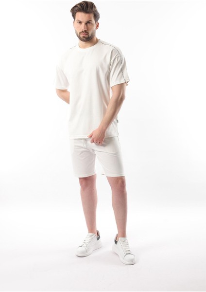 Ekru Overfit Baskılı Erkek Şort T-Shirt Takım E7302