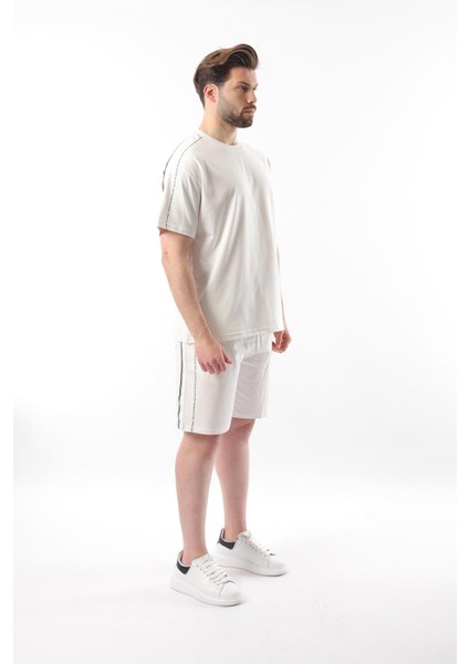Ekru Overfit Baskılı Erkek Şort T-Shirt Takım E7302