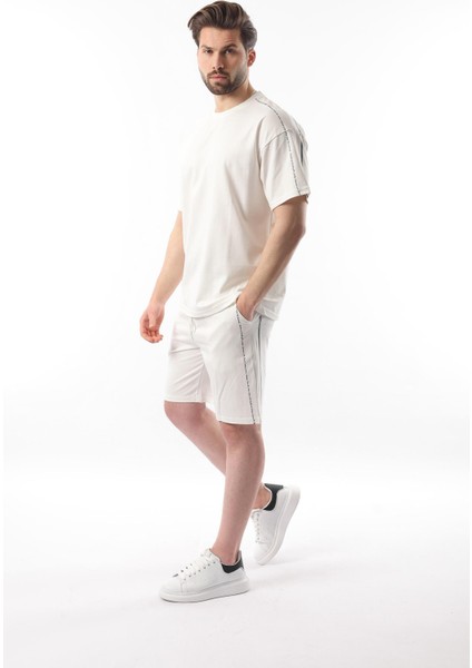 Ekru Overfit Baskılı Erkek Şort T-Shirt Takım E7302