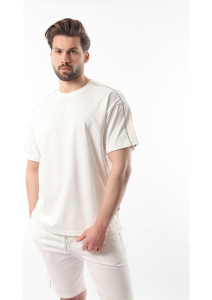 Ekru Overfit Baskılı Erkek Şort T-Shirt Takım E7302
