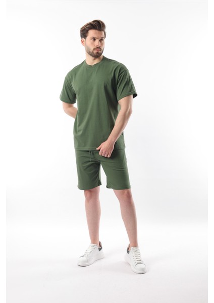 Haki Overfit Baskılı Erkek Şort T-Shirt Takım E7302