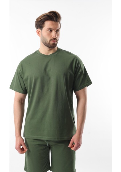 Haki Overfit Baskılı Erkek Şort T-Shirt Takım E7302