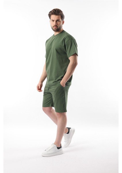 Haki Overfit Baskılı Erkek Şort T-Shirt Takım E7302