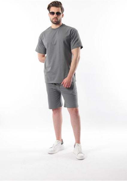 Füme Overfit Baskılı Erkek Şort T-Shirt Takım E7302