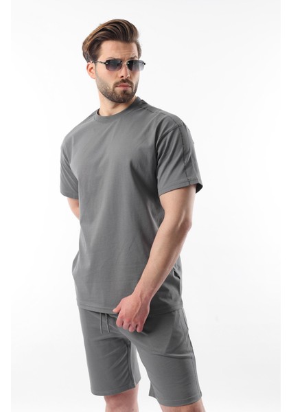 Füme Overfit Baskılı Erkek Şort T-Shirt Takım E7302