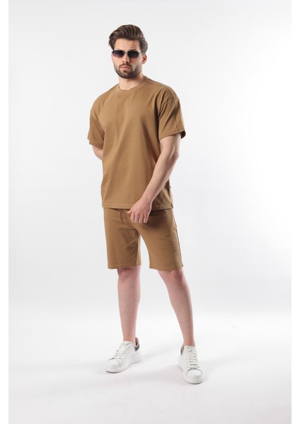 Kapüçino Overfit Baskılı Erkek Şort T-Shirt Takım E7302