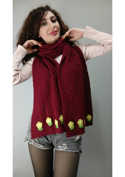 Bordo Örme Triko Yeşil Çiçekli Kadın Şal Atlı Boyunluk 200X30 cm