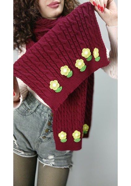 Bordo Örme Triko Yeşil Çiçekli Kadın Şal Atlı Boyunluk 200X30 cm fiyatları