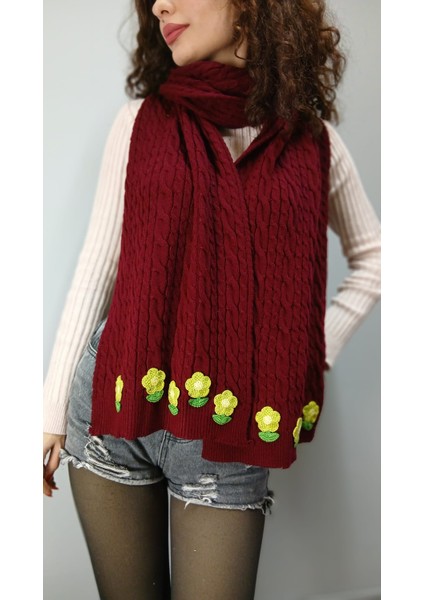 Bordo Örme Triko Yeşil Çiçekli Kadın Şal Atlı Boyunluk 200X30 cm modelleri