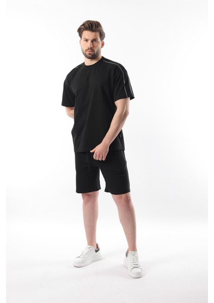 Siyah Overfit Baskılı Erkek Şort T-Shirt Takım E7302