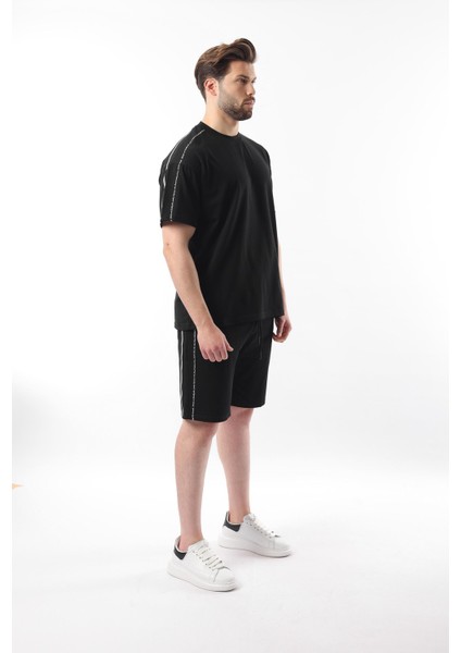 Siyah Overfit Baskılı Erkek Şort T-Shirt Takım E7302