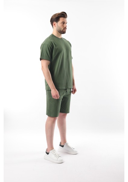 Haki Overfit Baskılı Erkek Şort T-Shirt Takım E7302