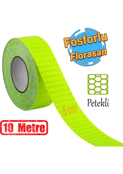 Yapışkanlı 10 mt Florasan Şerit Bant Gece Parlayan Reflektörlü 5 cm Fosforlu Reflektif Ikaz Bandı