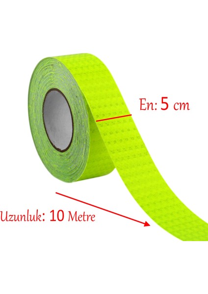 Yapışkanlı 10 mt Florasan Şerit Bant Gece Parlayan Reflektörlü 5 cm Fosforlu Reflektif Ikaz Bandı