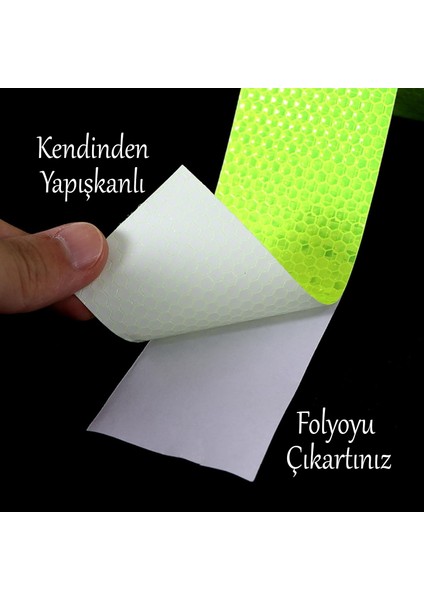 Yapışkanlı 10 mt Florasan Şerit Bant Gece Parlayan Reflektörlü 5 cm Fosforlu Reflektif Ikaz Bandı