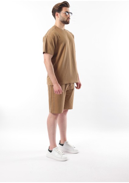 Kapüçino Overfit Baskılı Erkek Şort T-Shirt Takım E7302