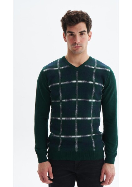 Erkek Slim Fit Likralı Akrilik Kumaş V Yaka Kareli Kazak K0KRO0860