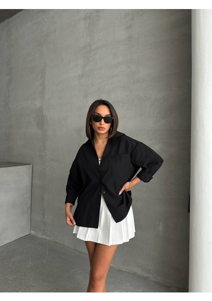 Kadın Oversize Cep Detaylı Poplin Gömlek NBG072