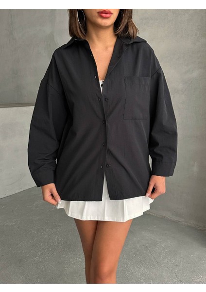 Kadın Oversize Cep Detaylı Poplin Gömlek NBG072
