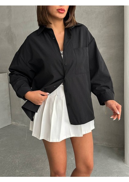 Kadın Oversize Cep Detaylı Poplin Gömlek NBG072
