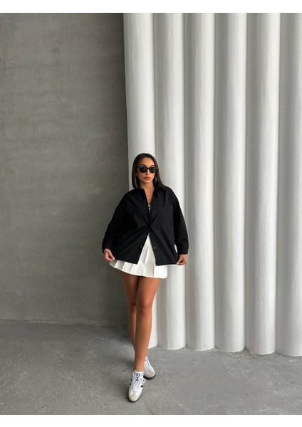 Kadın Oversize Cep Detaylı Poplin Gömlek NBG072