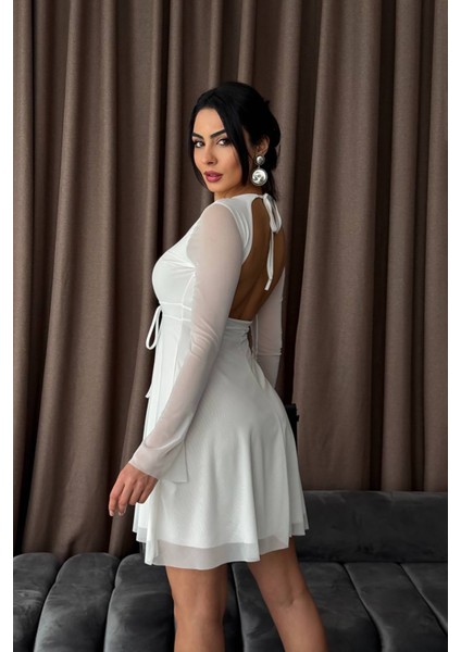 Kadın Sırt Dekolteli Tül Mini Elbise NBDF010