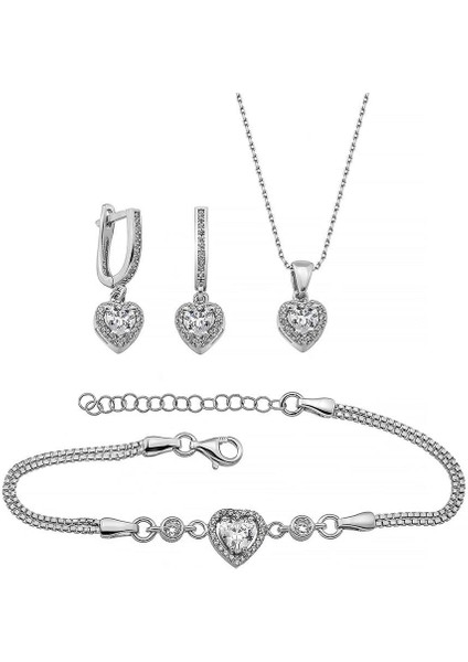 Rodyum Kaplama Kalp Gümüş Üçlü Set