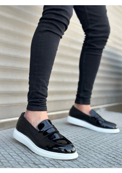 BA0316 Bağcıksız Yüksek Beyaz Taban Klasik Rugan Corcik Erkek Ayakkabı