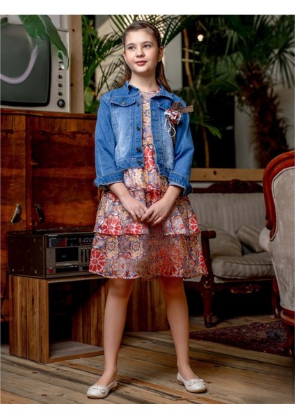 Kız Çocuk Baskılı Dantel Elbise Kot Ceket Takımı M00718