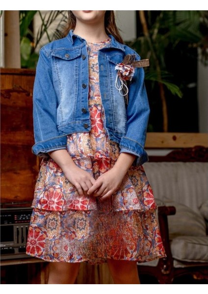 Kız Çocuk Baskılı Dantel Elbise Kot Ceket Takımı M00718 fiyatları