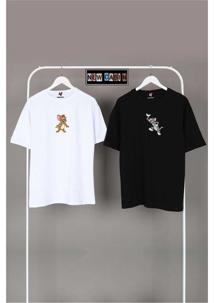 Yeni Sezon Unisex Siyah Gri Oversize Çift Kombinleri 2'li T-Shirt