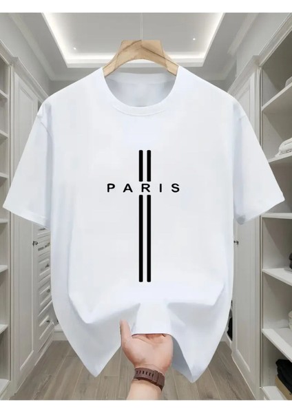 Paris Dik Çizgi Baskılı Özel Tasarım Unisex Tshirt