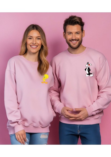 Sweatshirt Sevgili Combin Sylvester & Tweety Baskılı Pamuklu Kalın ve Yumuşak Ürün Şardonlu 2'li Set