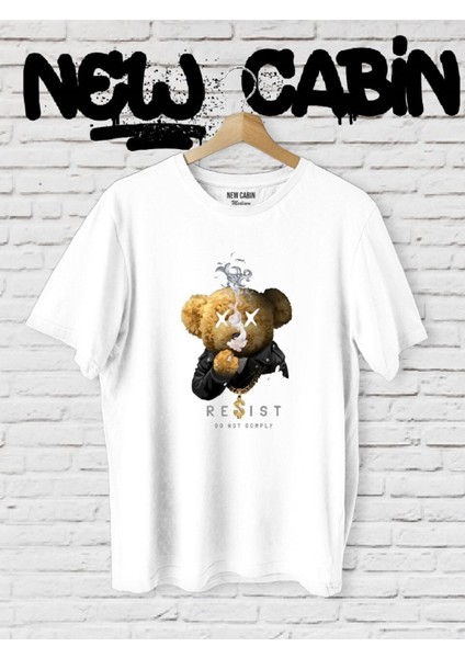 Yeni Sezon Unisex Reşist Bear Baskılı Beyaz Oversize Tişört