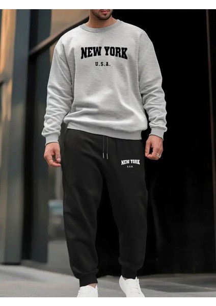 Eşofman Takımı Newyork Baskılı Unisex Kışlık Kalın Pamuklu Sweatshirt ve Eşofman Altı 2' Li Set