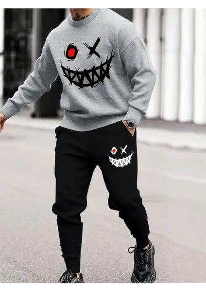 Eşofman Takımı Gülen Yüz Baskılı Unisex Kışlık Kalın Pamuklu Sweatshirt ve Eşofman Altı 2' Li Set