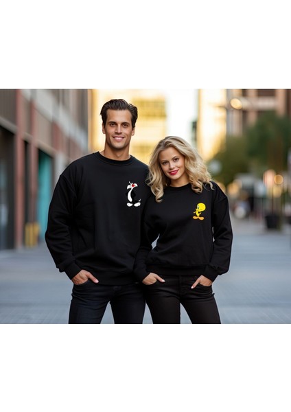 Sweatshirt Sevgili Combin Sylvester & Tweety Baskılı Pamuklu Kalın ve Yumuşak Ürün Şardonlu 2'li Set
