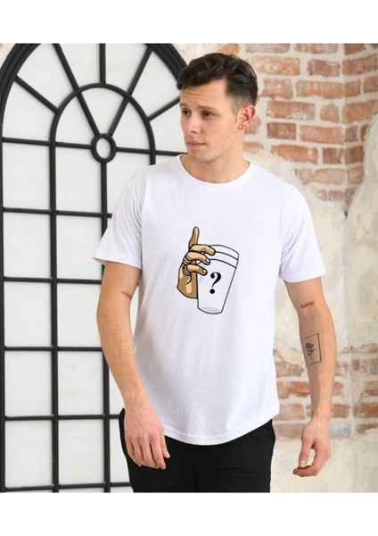 Unisex El Bardak Baskılı Beyaz Oversize T-Shirt