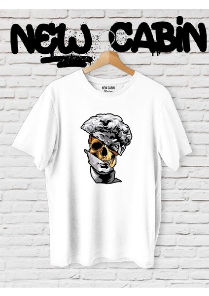 Yeni Sezon Unisex Skull Heykel Ön Baskılı Beyaz Oversize Tişört