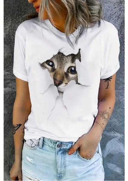 Kedi Baskılı Original Ünisex Pamuklu Yeni Sezon Yazlık T-Shirt